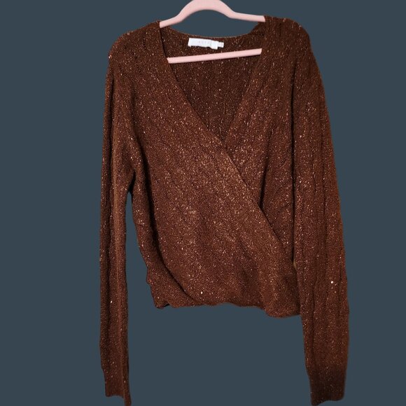 ASTR Brown V-Neck Wrap Sweater Vivid Bold Metallic Old Money Surplice Sweater XL - Picture 5 of 5